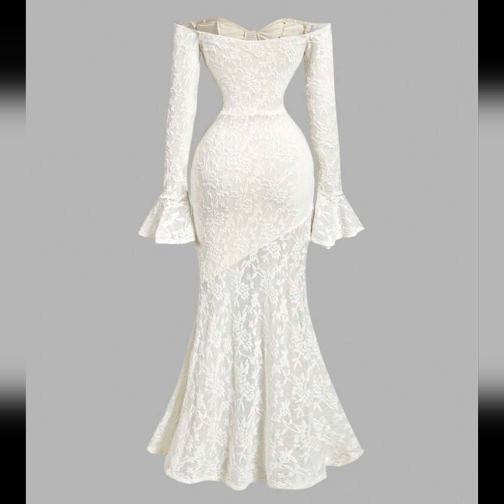 Women Apricot Knitted Lace Flared Sleeve Pearl Chain Halter Fishtail Dress - Picture 2 of 4